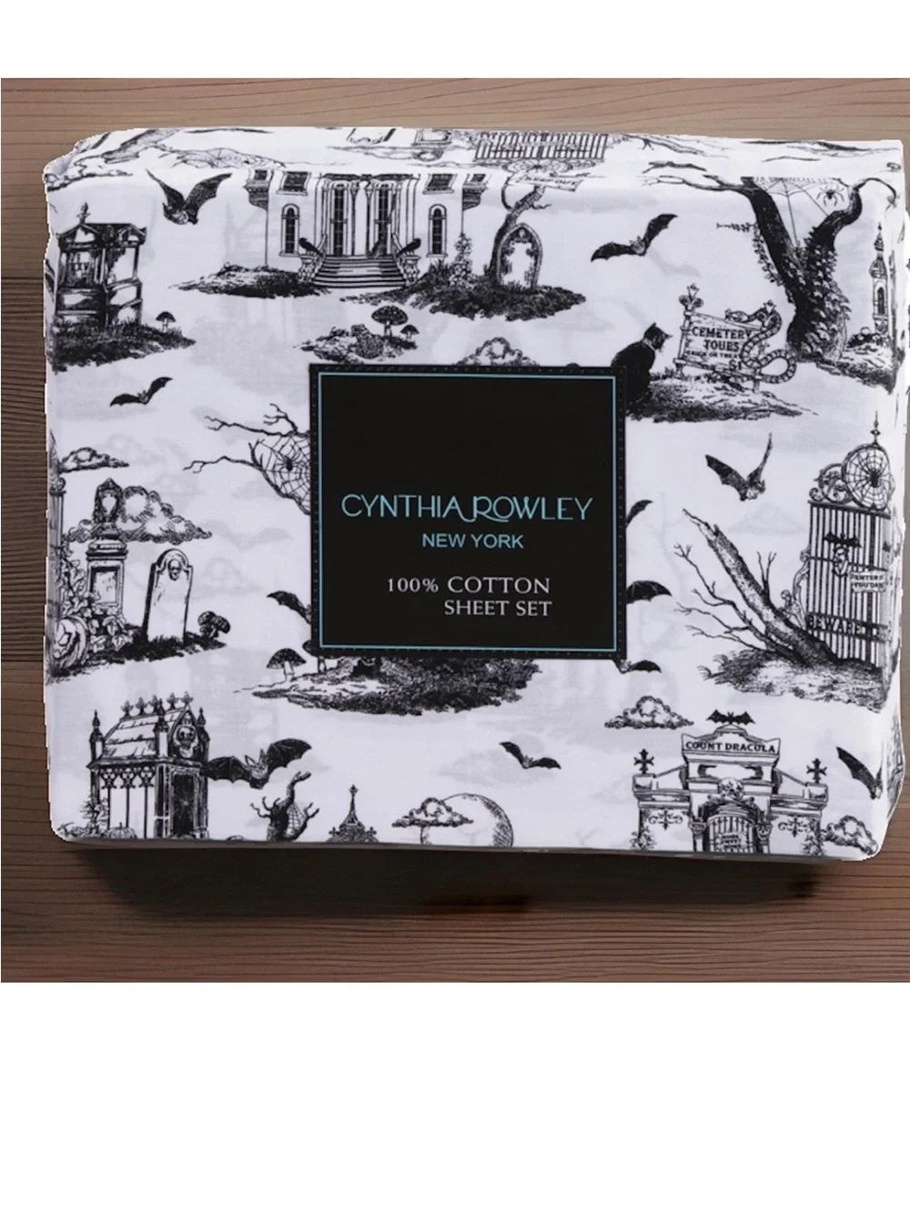 CYNTHIA ROWLEY Full size Sheet Set Halloween Haunted Toile Black White 4PC cotto